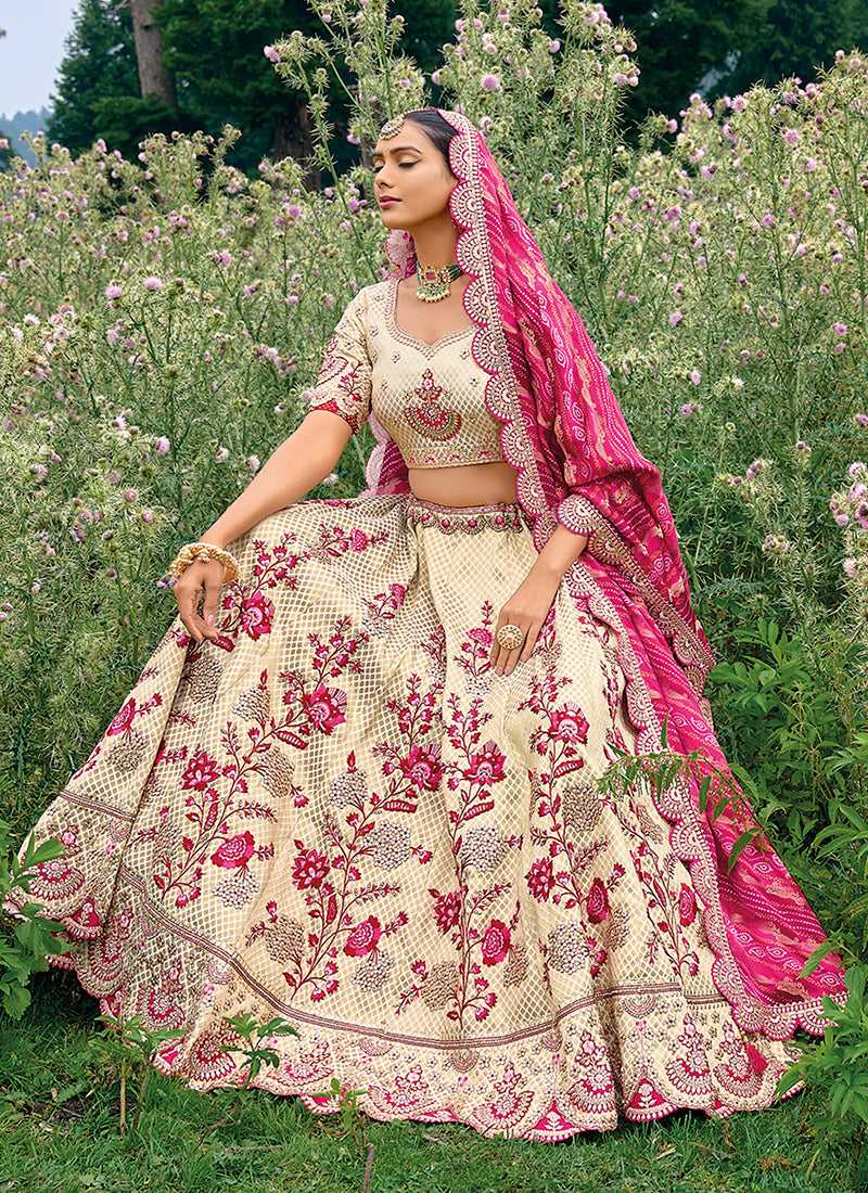White And Pink Embroidery Wedding Lehenga Choli