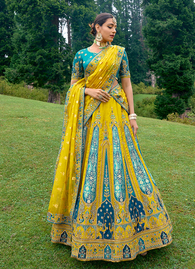 Green & Yellow Wedding Wear Woven & Embroidered Silk Lehenga Choli