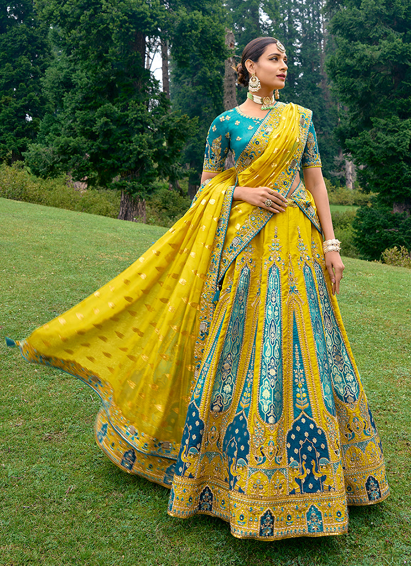 Yellow And Blue Embroidery Wedding Lehenga Choli