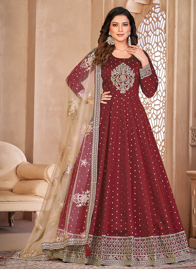 Buy Engagement Suits - Bridal Red Handwork Embroidery Silk Anarkali Suit At Hatkay Buy Engagement Suits - Bridal Red Handwork Embroidery Silk Anarkali Suit At Hatkay
