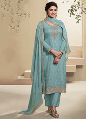 Sky Blue Chikankari Embroidered Pakistani Pant Suit