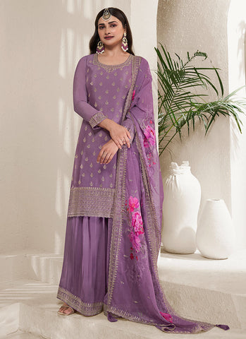 Purple Traditional Sequence Embroidery Sharara Style Suit
