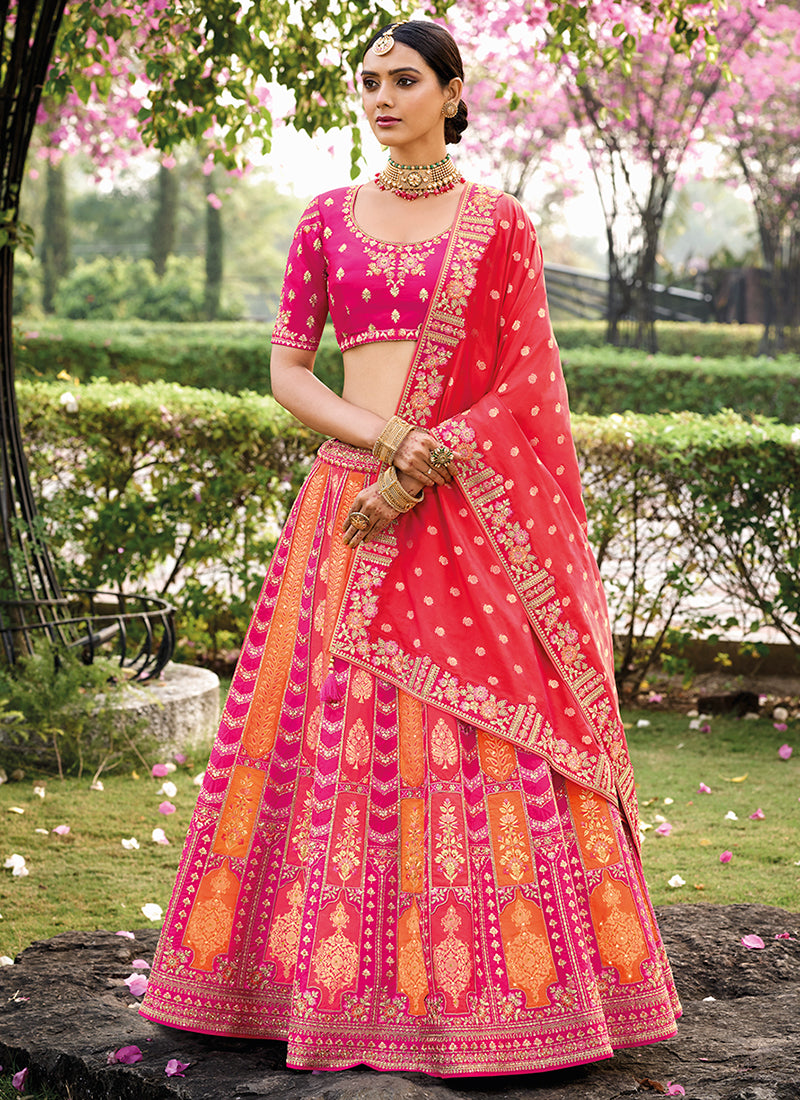 Pink And Orange Embroidered Bridal Lehenga Choli