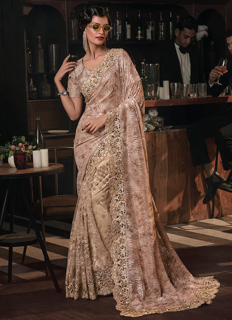 Beige Golden Sequence And Appliqué Embroidery Wedding Saree