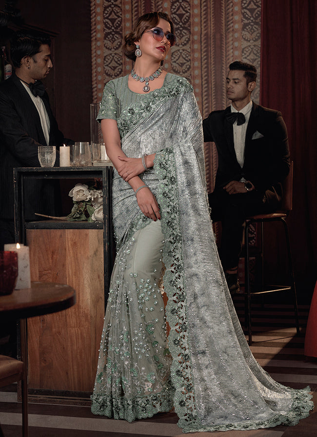 Teal Sequence And Appliqué Embroidery Wedding Saree