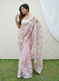 Pink Floral Print And Chikankari Embroidered Silk Saree