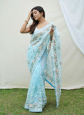 Blue Floral Print And Chikankari Embroidered Silk Saree
