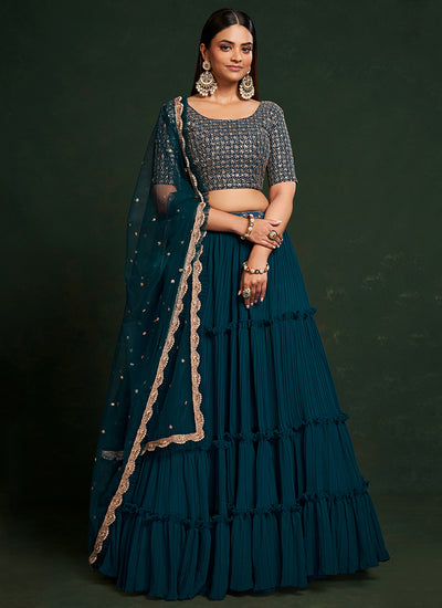 Turquoise Sequence Embroidered Festive Lehenga Choli