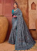 Grey And Blue Multi Embroidery Traditional Silk Saree