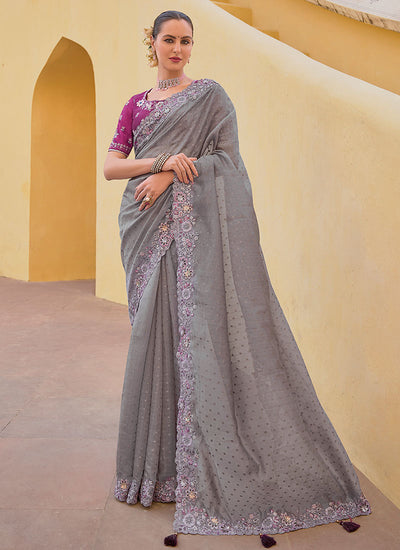 Grey And Purple Multi Embroidery Wedding Organza Silk Saree