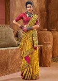 Yellow And Pink Multi Embroidery Traditional Silk Saree