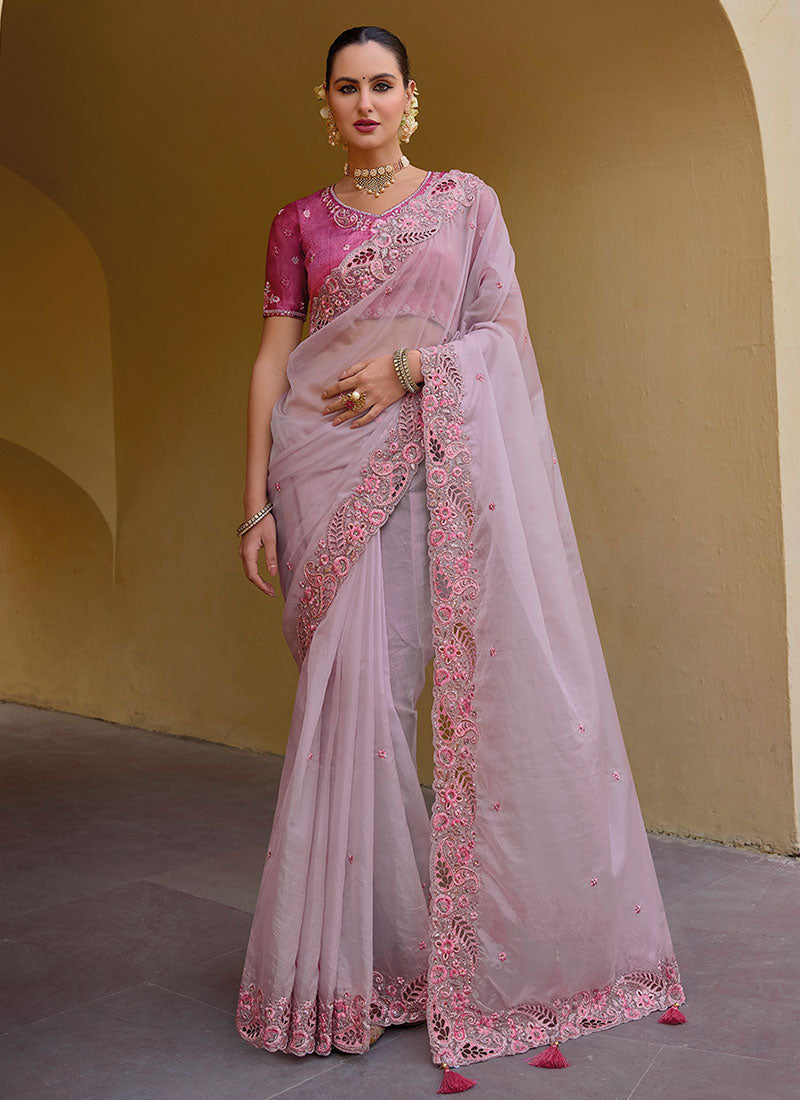 Pink Two Tone Multi Embroidery Wedding Organza Silk Saree