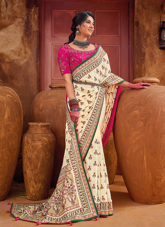 Off White And Pink Multi Embroidery Traditional Silk Saree