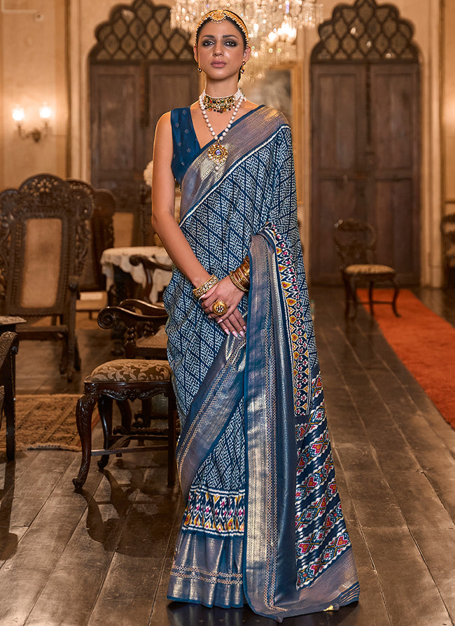 Royal Blue Ikat Printed Patola Silk Saree
