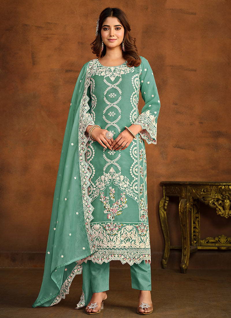 Green Sequence Embroidery Traditional Pant Style Suit