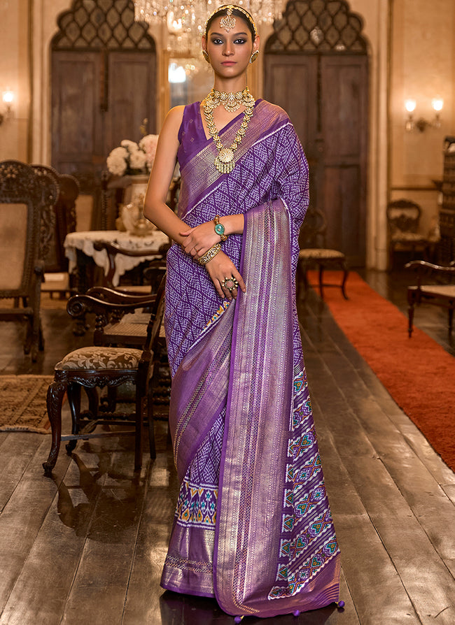 Purple Ikat Printed Patola Silk Saree