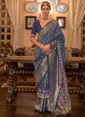 Navy Blue Ikat Printed Patola Silk Saree