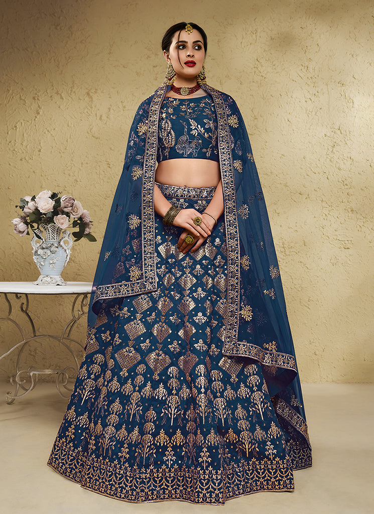 Blue Embroidery Wedding Lehenga Choli
