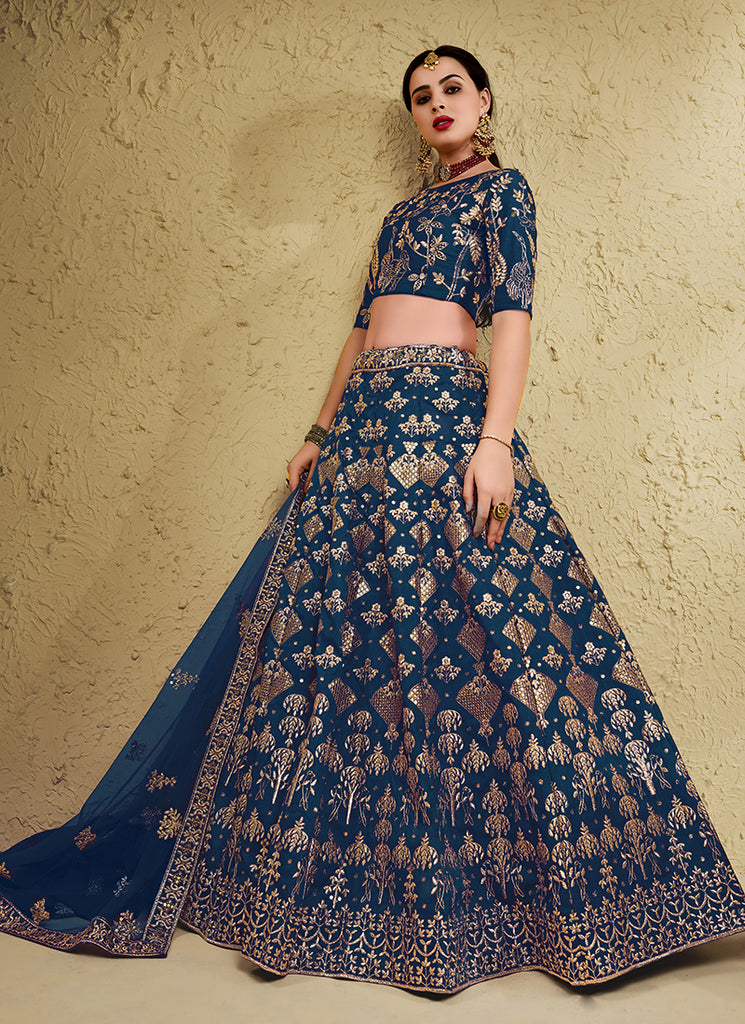 Blue Embroidery Wedding Lehenga Choli