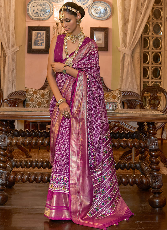 Pink Ikat Printed Patola Silk Saree