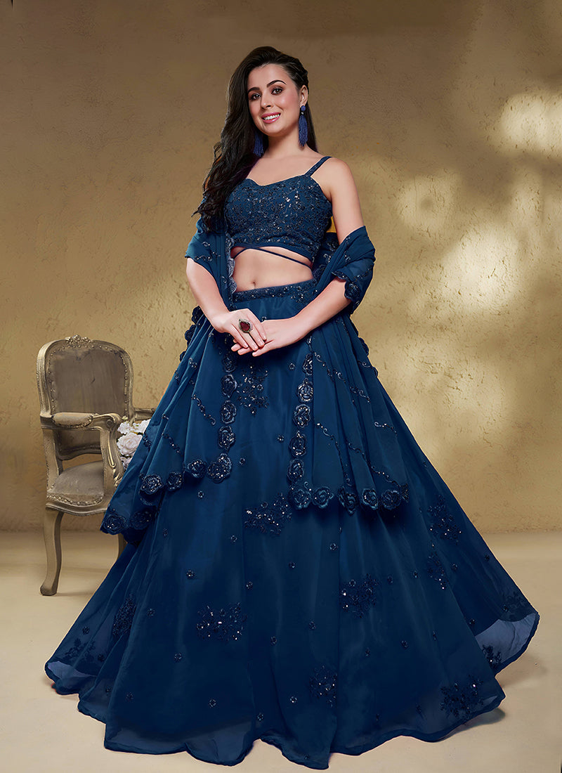 Navy Blue Embroidered Georgette Lehenga Choli