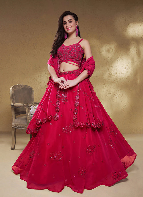 Magenta Pink Embroidered Georgette Lehenga Choli