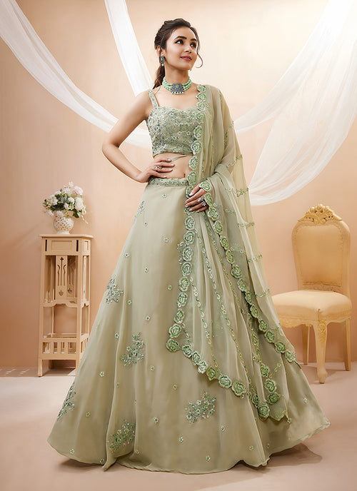 Pista Green Embroidered Georgette Lehenga Choli