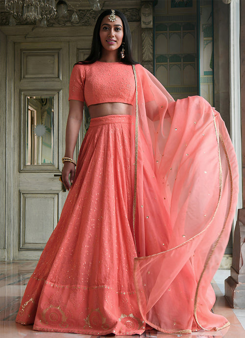 Peach Embroidered Wedding Lehenga Choli
