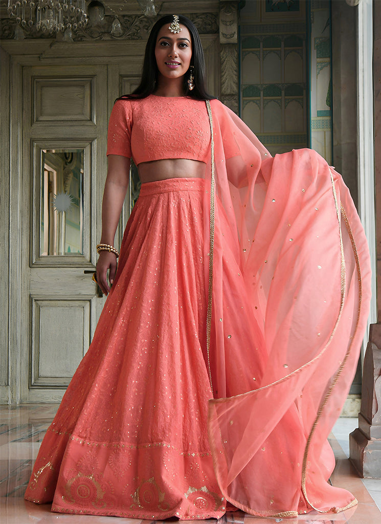Peach Embroidered Wedding Lehenga Choli