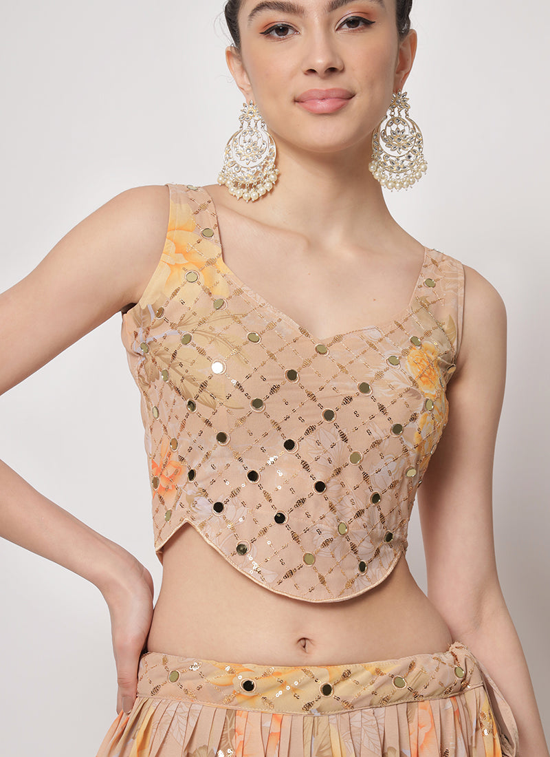 Beige Sequence Embroidery Digital Printed Lehenga Choli In USA