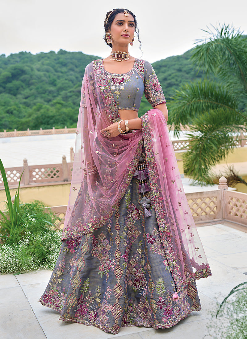 Mist Blue And Pink Floral Embroidered Bridal Lehenga Choli