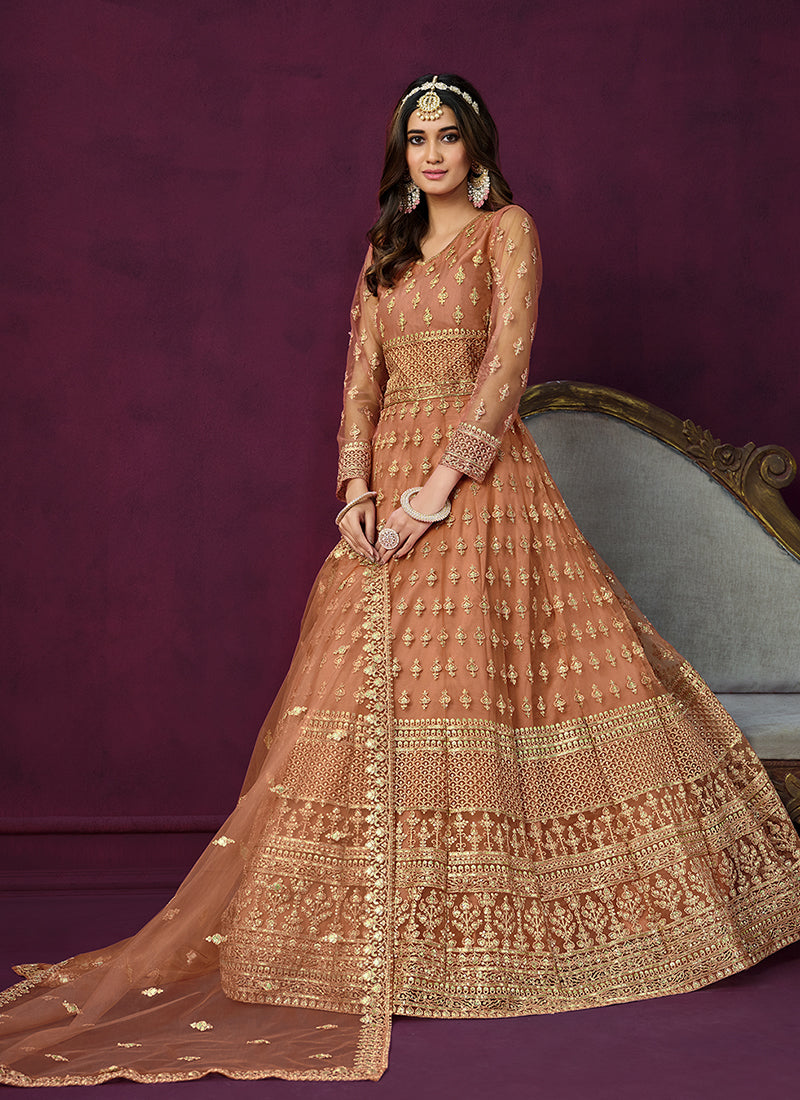 Orange Sequence Embroidery Traditional Anarkali Suit