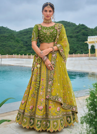 Yellow And Green Floral Embroidered Bridal Lehenga Choli