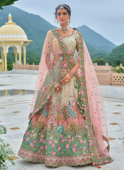 Beige Teal Ombré Floral Embroidered Bridal Lehenga Choli