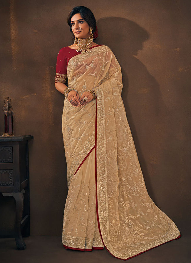 Beige Red Sequence Embroidery Wedding Saree