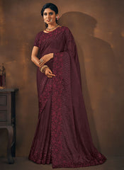 Wine Sequence Embroidery Wedding Saree