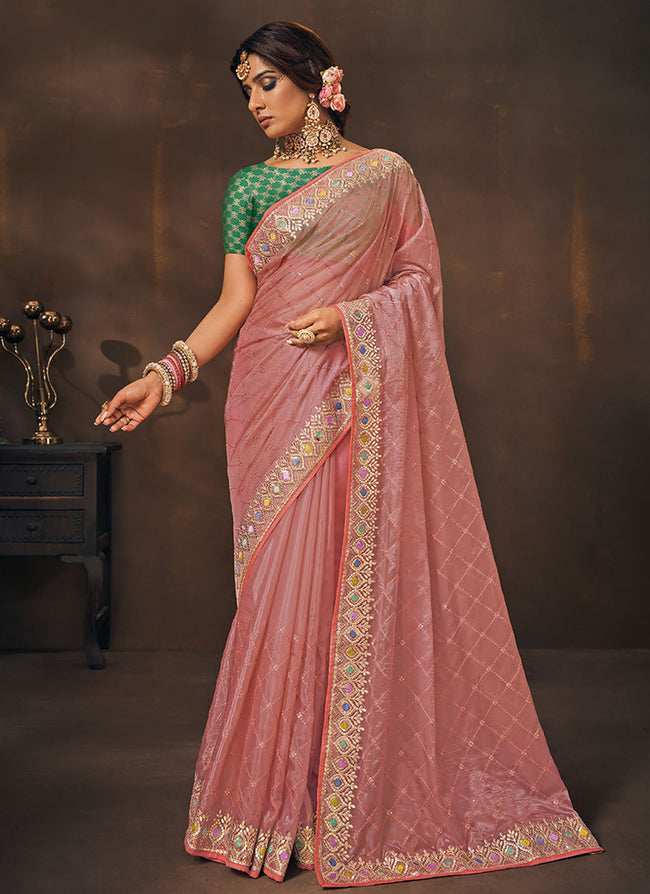 Pink Sequence Embroidery Wedding Saree