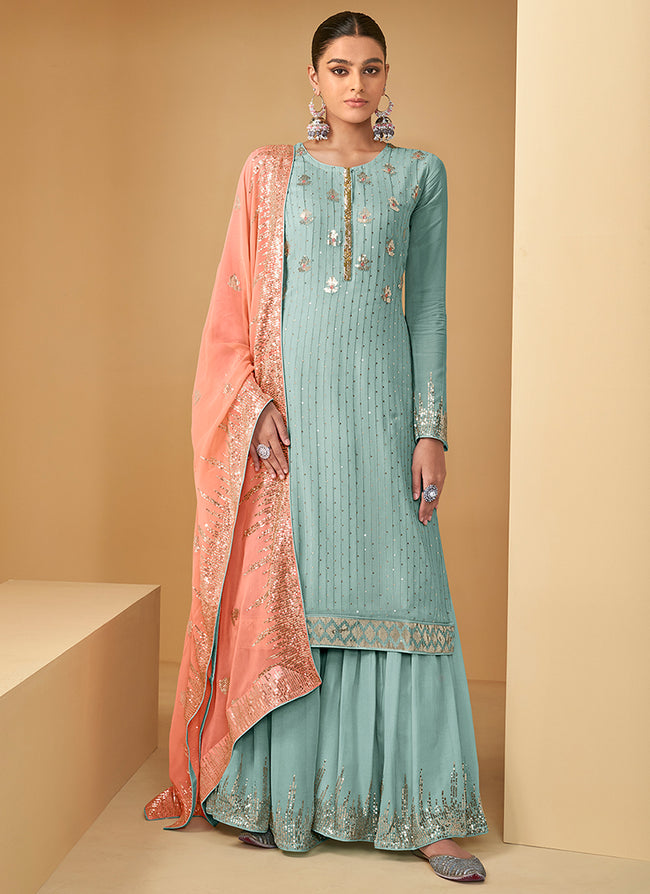 Blue And Peach Sequence Embroidery Georgette Gharara Suit