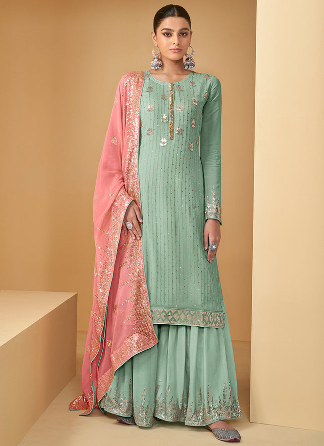 Teal And Pink Sequence Embroidery Georgette Gharara Suit