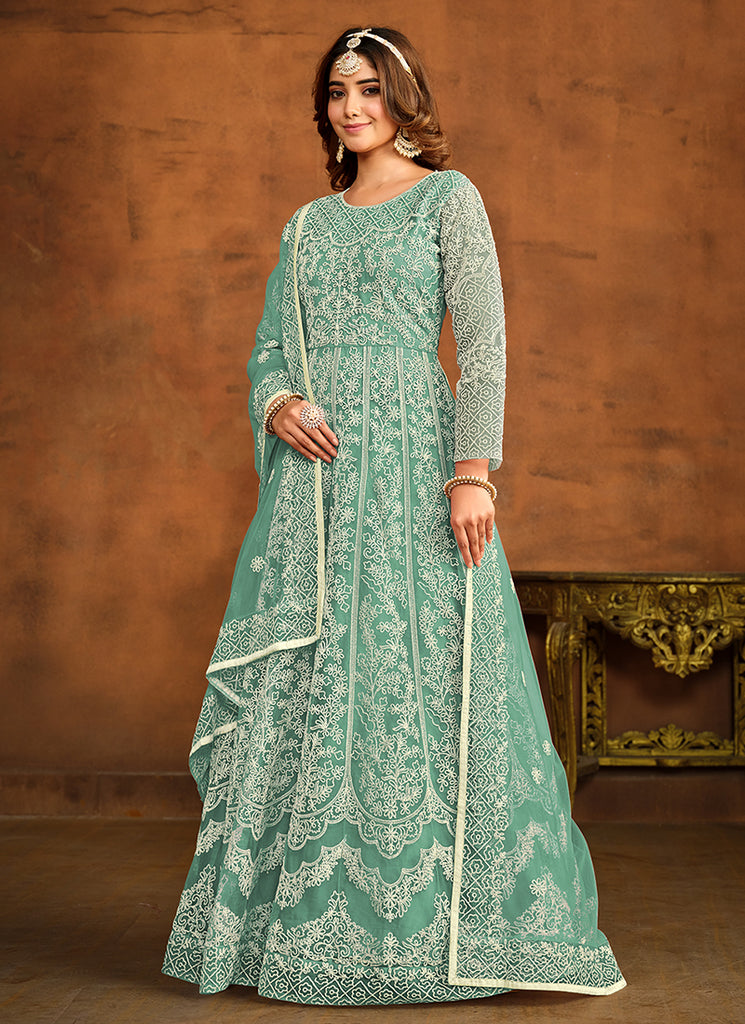 sea green indian dress Sea Green Embroidery Traditional Anarkali Gown s