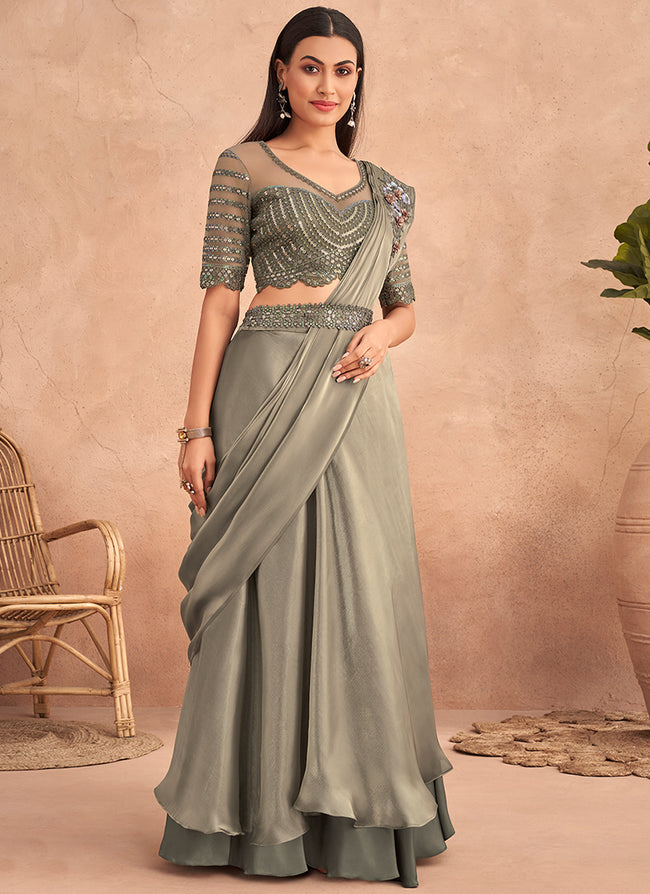 Green Appliqué And Sequence Embroidery Lehenga Saree