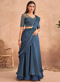Blue Appliqué And Sequence Embroidery Lehenga Saree