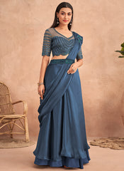 Blue Appliqué And Sequence Embroidery Lehenga Saree