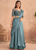 Teal Blue Appliqué And Sequence Embroidery Lehenga Saree