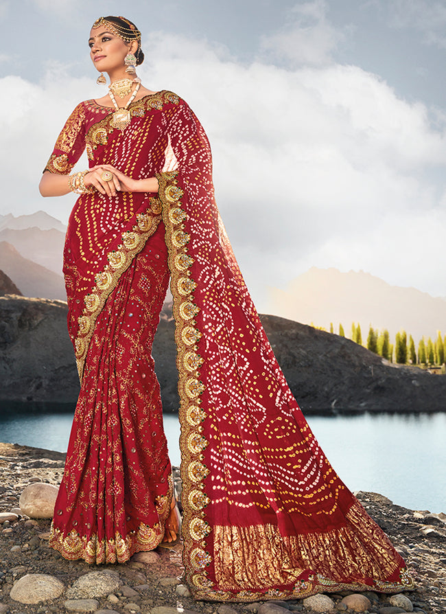 Bridal Red Multi Embroidery Bhandhej Satin Silk Saree