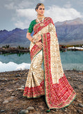 Off White And Green Multi Embroidery Bhandhej Satin Silk Saree