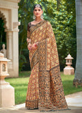 Brown Multicolored Ikat Printed Patola Silk Saree