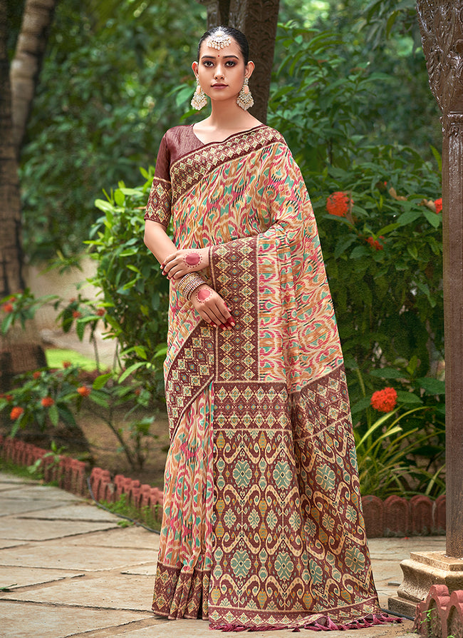 Maroon Multicolored Ikat Printed Patola Silk Saree