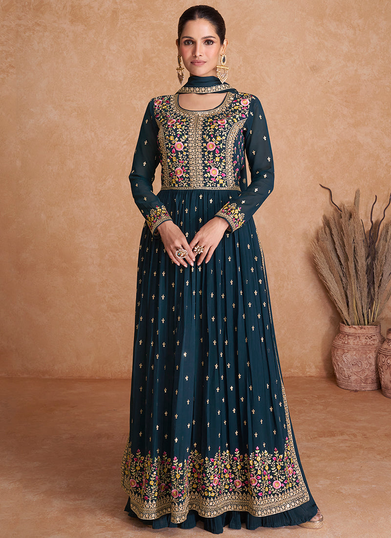 Turquoise Sequence Embroidery High Slit Palazzo Suit