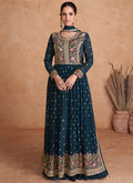 Turquoise Sequence Embroidery High Slit Palazzo Suit
